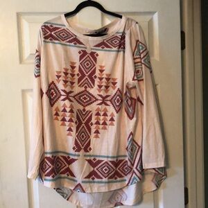 BloomChic Aztec print top long sleeve soft cream w/ brown turquoise Sz 22/24